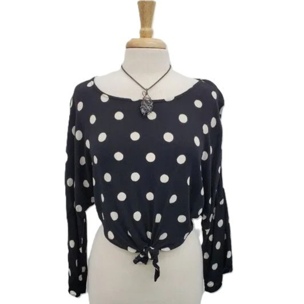 Billabong Women M Black White Polka Dot Tie Front Long Sleeve Crop Top Retro Y2K